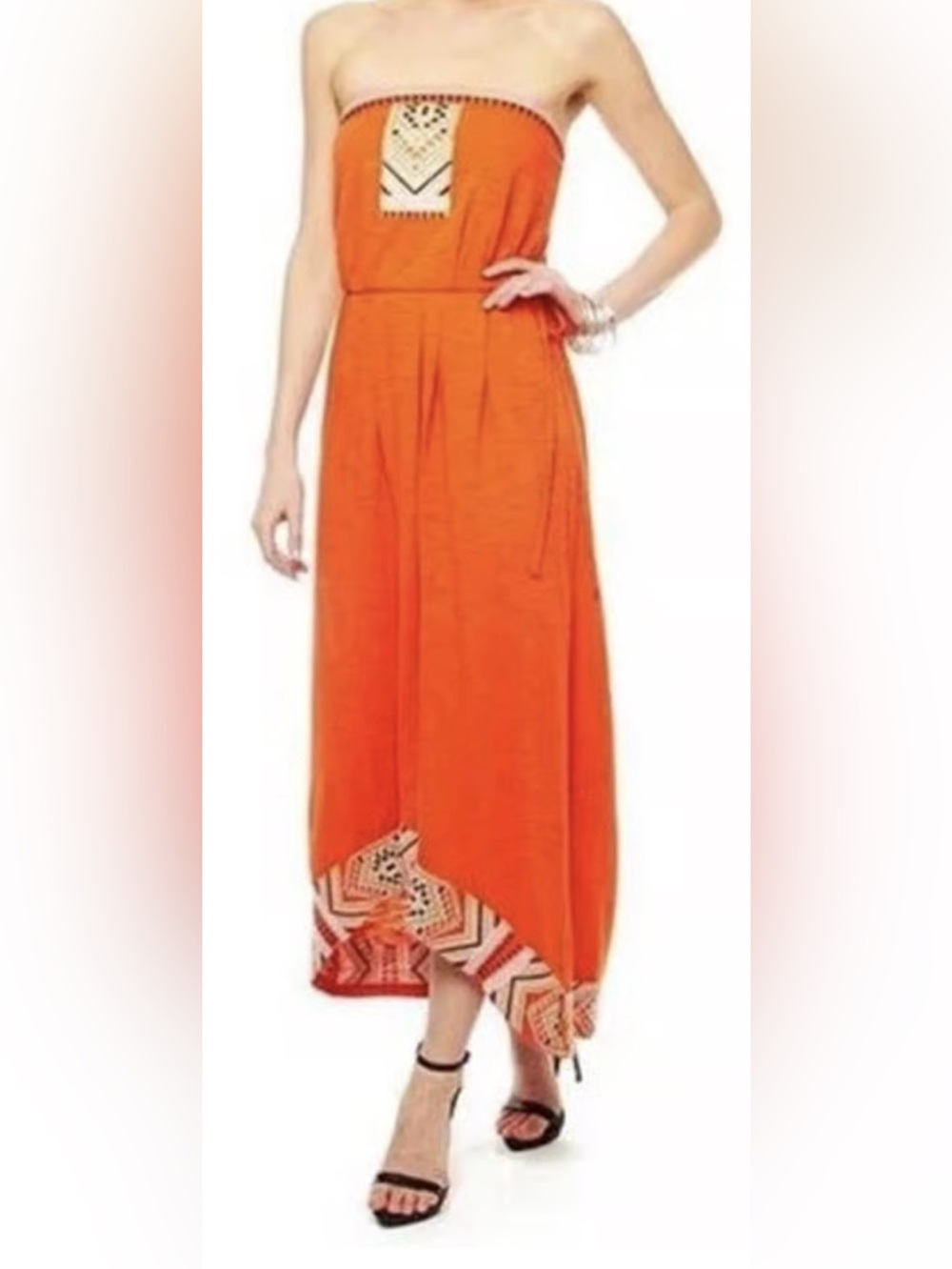 THML Anthro Orange Boho Embroidered Strapless Aztec High Low Dress Size:M